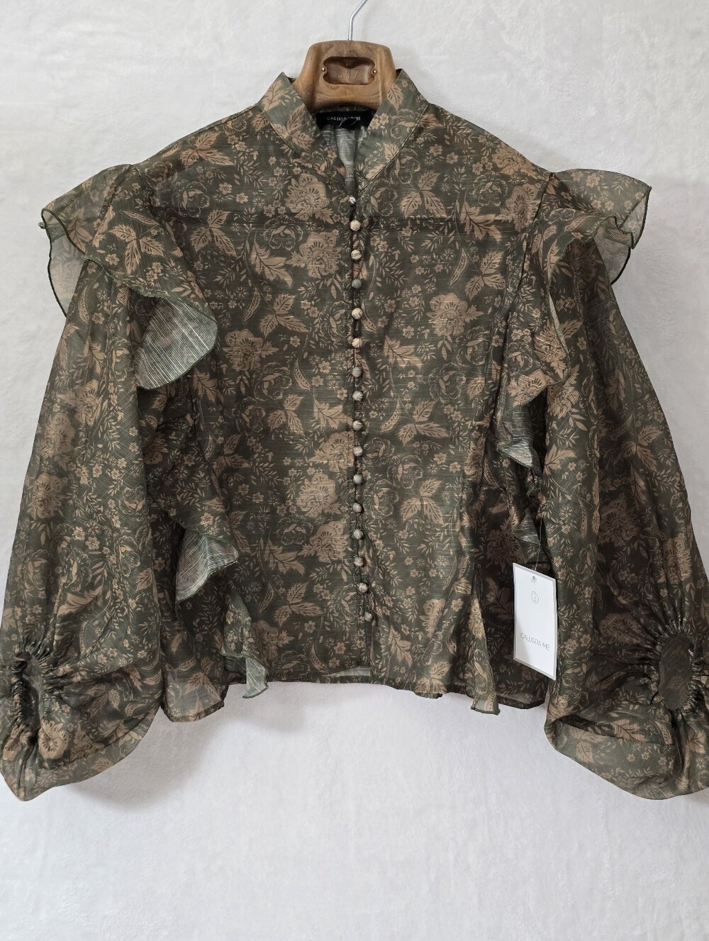 Calligraphie Green Floral Ruffle Sheer Boxy Blouse Balloon Sleeve Sz.XS/S